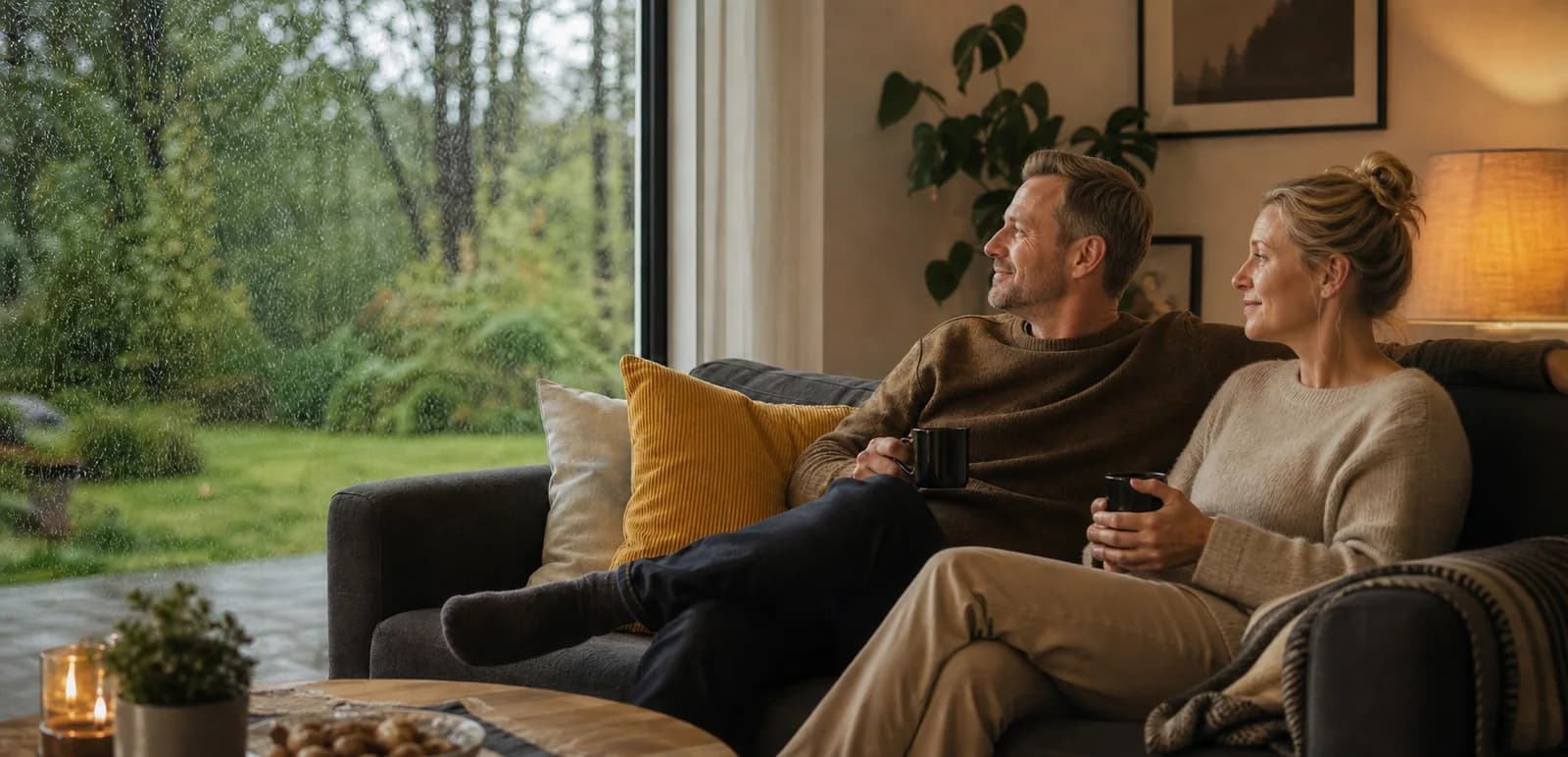Happy homeowners looking out at a rainy landscape from the warmth of their home
